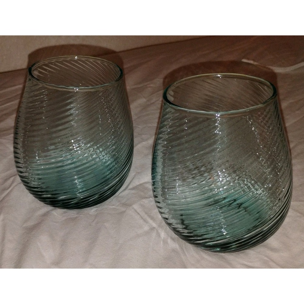 Vntg Avalos Mexican Blue Glasses 2 MCM handblown swirl low ball drinking glasses